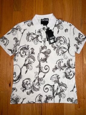 Versace White Silver Hibiscus Polo Shirt, Brand New 🔥
